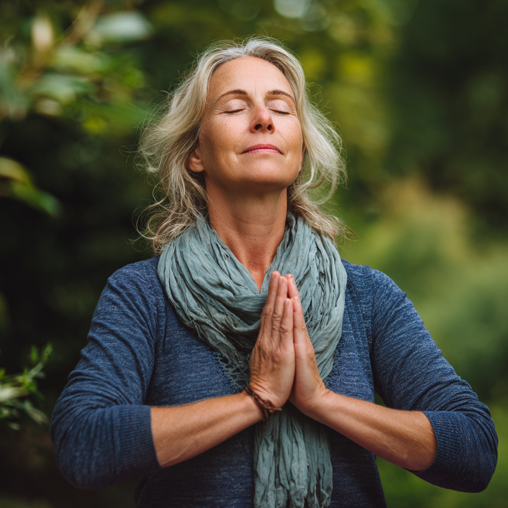 Middle-aged woman practicing gentle yoga meditation outdoors