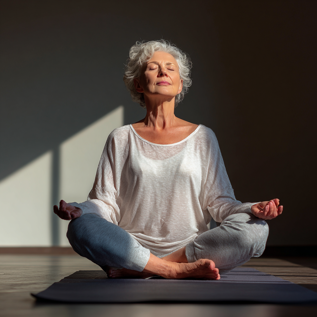 Senior woman in peaceful yoga pose showing inner calm and flexibility